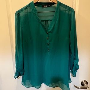 EUC ANA Sheer Emerald Teal Blouse Shirt sz L